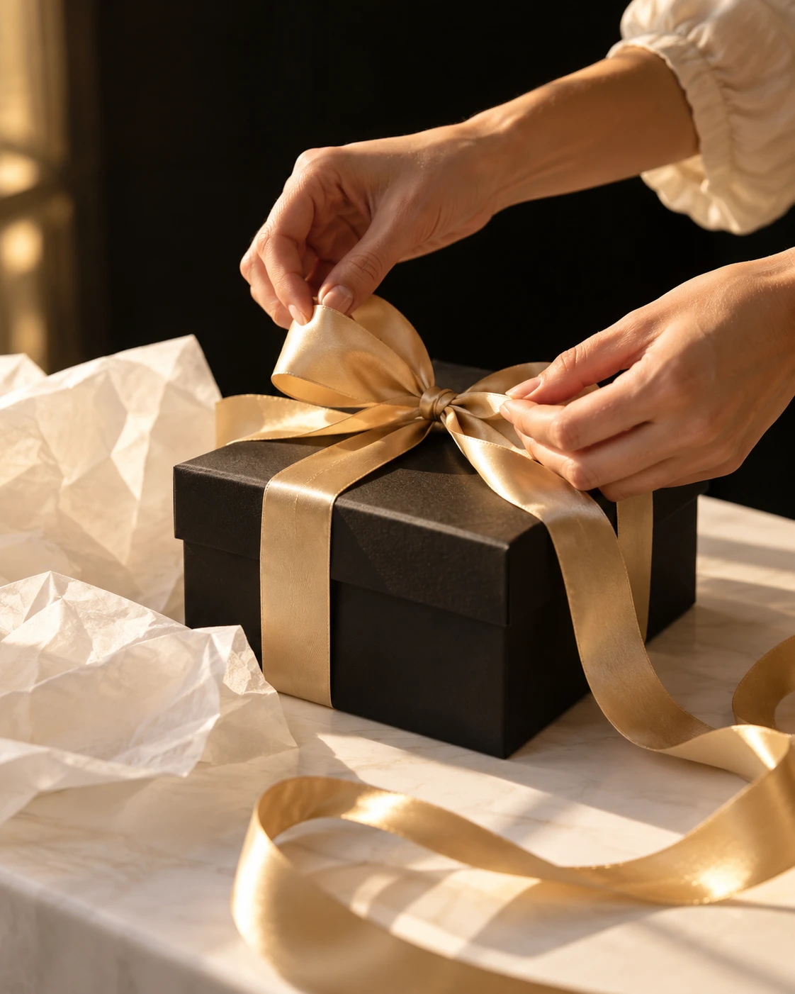 A gift box being wrapped with a gold ribbon