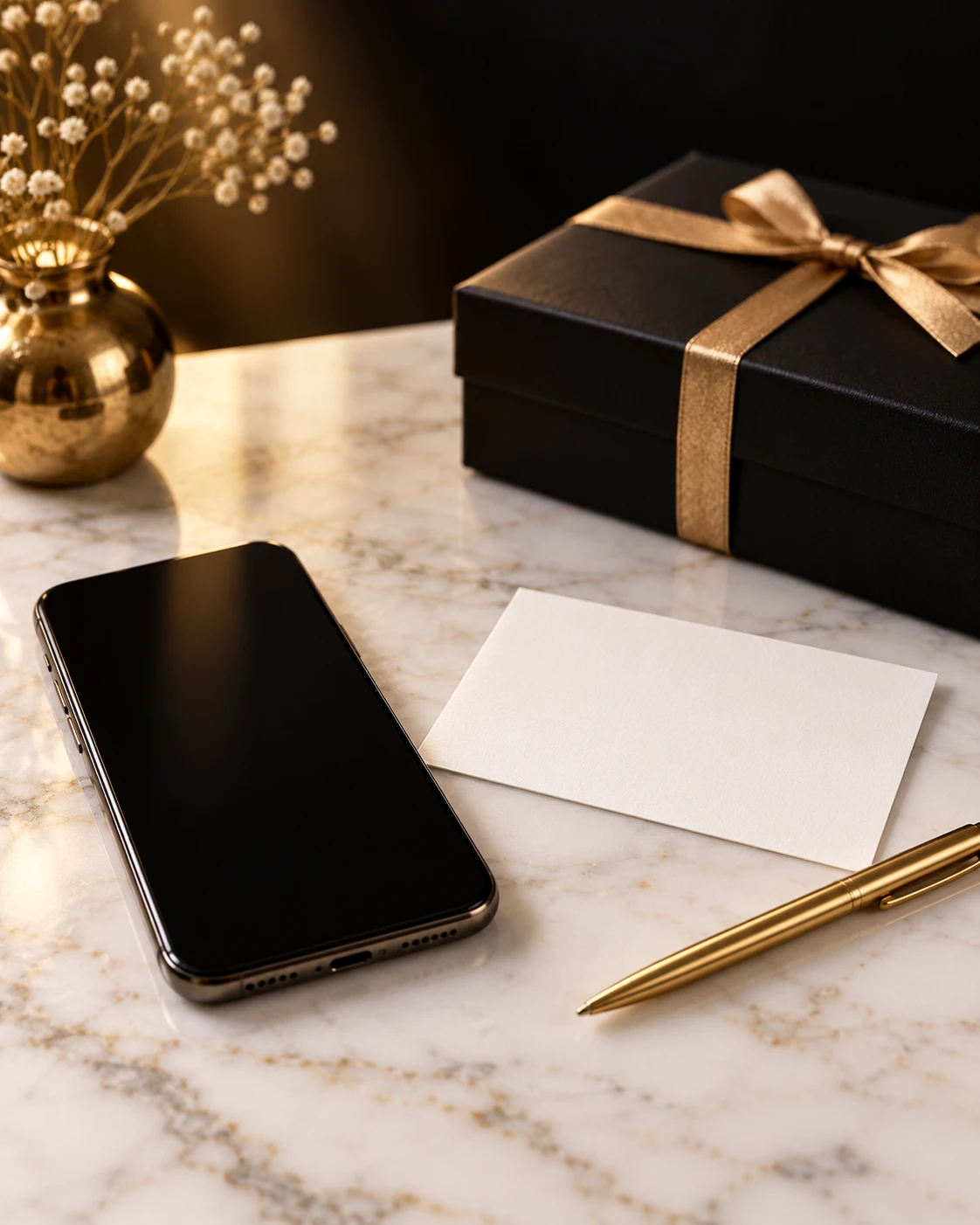 A phone and note card beside a gold-ribbon gift box